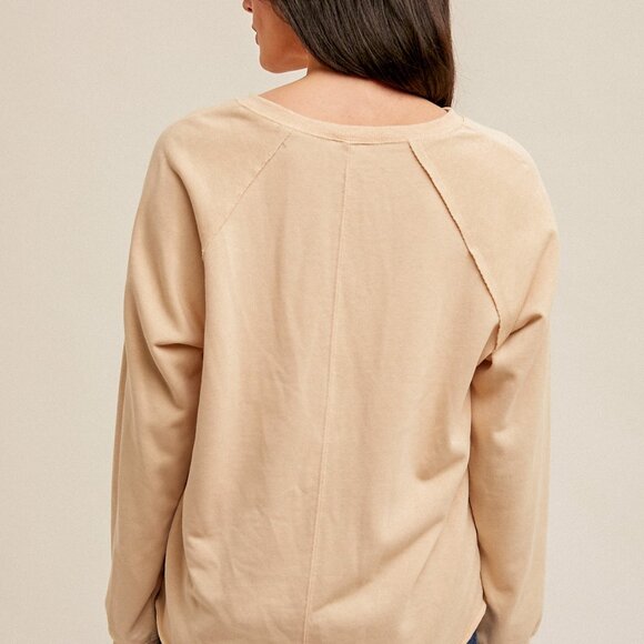 HEM & THREAD Beige Long Sleeve V-Neck Top, Lightweight Casual Neutral Pullover - Picture 4 of 4